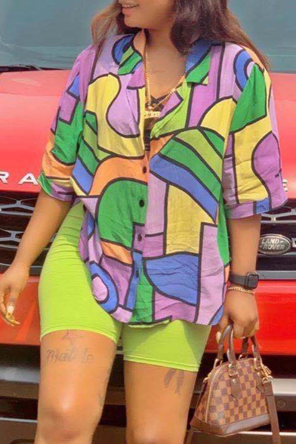 Yellow Casual Print Patchwork Turndown Collar Half Sleeve Two Pieces
