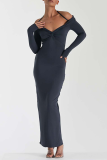 Black Sexy Solid Patchwork Halter Pencil Skirt Dresses