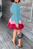 Orange Casual Solid Patchwork Fold O Neck Long Sleeve Dresses