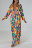 Rose Red Casual Print Patchwork V Neck Regular Jumpsuits