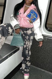 Pink Casual Print Patchwork Buckle Outerwear