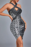 Black Sexy Print Hollowed Out Patchwork Backless V Neck Sleeveless Dress