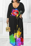 Purple Casual Print Patchwork V Neck Straight Dresses