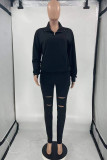 Grey Casual Solid Ripped Patchwork Zipper Collar Long Sleeve Two Pieces
