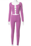 Purple Sexy Casual Solid Hollowed Out Patchwork Metal Accessories Decoration O Neck Long Sleeve Two Pieces