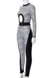 Grey Sexy Casual Patchwork Hollowed Out O Neck Long Sleeve Two Pieces
