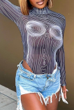 Black Sexy Print Mesh Half A Turtleneck Skinny Bodysuits