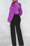Purple Casual Solid Patchwork Turtleneck Tops