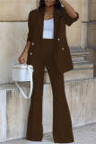 Red Casual Solid Cardigan Pants Turn-back Collar Long Sleeve Two Pieces