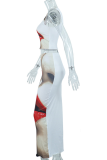 White Sexy Lips Printed Patchwork O Neck Sleeveless Two Pieces