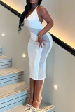 White Sexy Solid Patchwork Backless Halter One Step Skirt Dresses