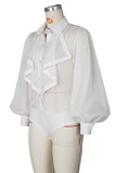 White Sexy Casual Solid Patchwork See-through Turndown Collar Regular Bodysuits
