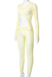 Yellow Sexy Solid Hollowed Out See-through V Neck Skinny Jumpsuits