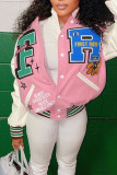 Pink Casual Print Patchwork Buckle Outerwear