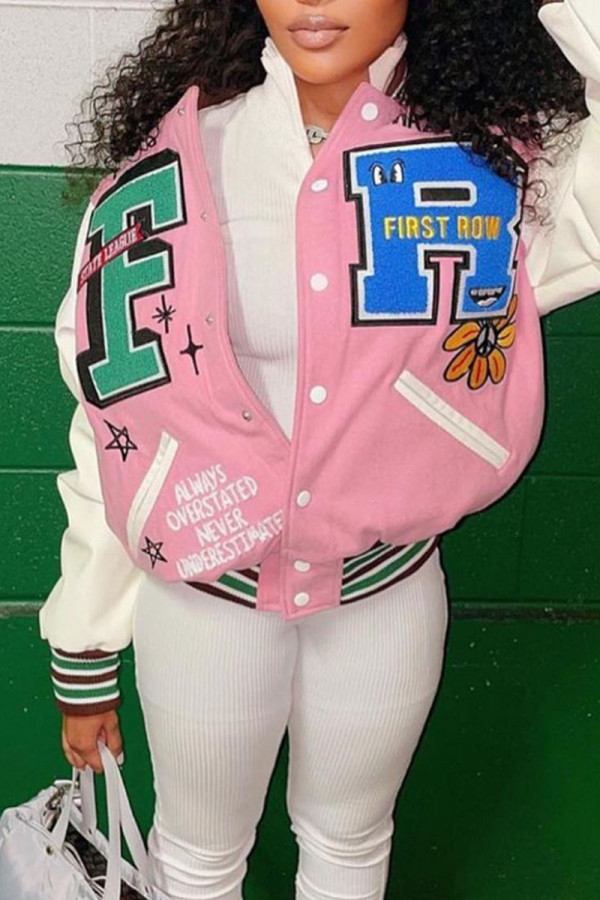 Pink Casual Print Patchwork Buckle Outerwear