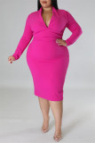 Rose Red Casual Solid Patchwork V Neck Long Sleeve Plus Size Dresses