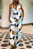 Colour Sexy Print Patchwork Halter Boot Cut Jumpsuits