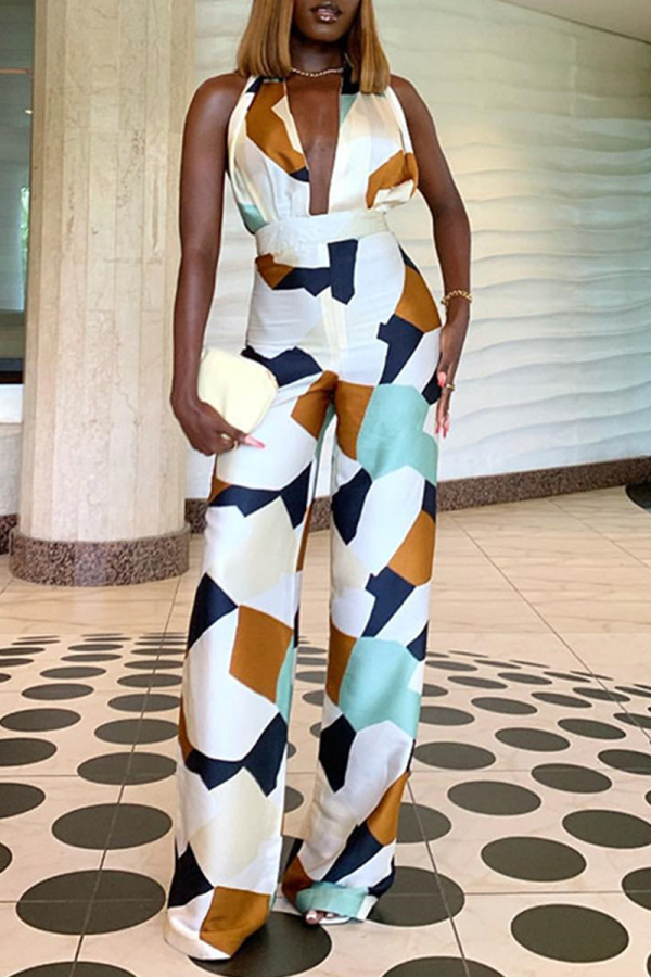 Colour Sexy Print Patchwork Halter Boot Cut Jumpsuits