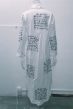 White Casual Print Patchwork Turndown Collar Shirt Dress