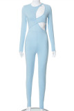 Blue Sexy Casual Solid Hollowed Out O Neck Skinny Jumpsuits