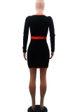 Black Casual Solid Patchwork Draw String Buckle U Neck Pencil Skirt Dresses