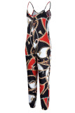 Rose Red Casual Print Patchwork Spaghetti Strap Regular Jumpsuits