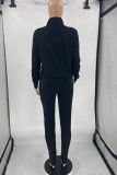 Grey Casual Solid Ripped Patchwork Zipper Collar Long Sleeve Two Pieces