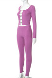 Purple Sexy Casual Solid Hollowed Out Patchwork Metal Accessories Decoration O Neck Long Sleeve Two Pieces