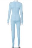 Blue Sexy Casual Solid Hollowed Out O Neck Skinny Jumpsuits