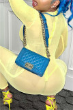 Yellow Sexy Solid Hollowed Out See-through V Neck Skinny Jumpsuits