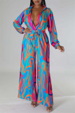 Rose Red Casual Print Patchwork V Neck Regular Jumpsuits