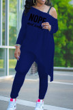Deep Blue Casual Letter Print Patchwork Asymmetrical O Neck Long Sleeve Two Pieces