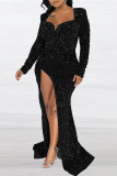 Red Sexy Formal Patchwork Sequins Slit V Neck Evening Dress Dresses