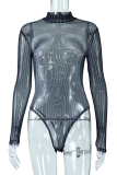 Black Sexy Print Mesh Half A Turtleneck Skinny Bodysuits