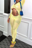 Yellow Sexy Solid Hollowed Out See-through V Neck Skinny Jumpsuits