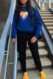 Blue Casual Print Patchwork Hooded Collar Long Sleeve Two Pieces
