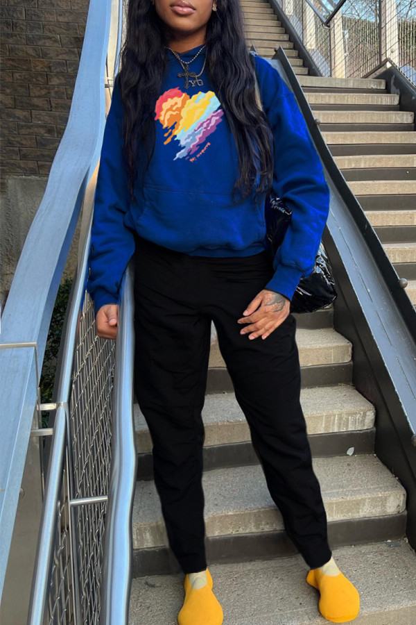 Blue Casual Print Patchwork Hooded Collar Long Sleeve Two Pieces
