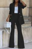 Red Casual Solid Cardigan Pants Turn-back Collar Long Sleeve Two Pieces