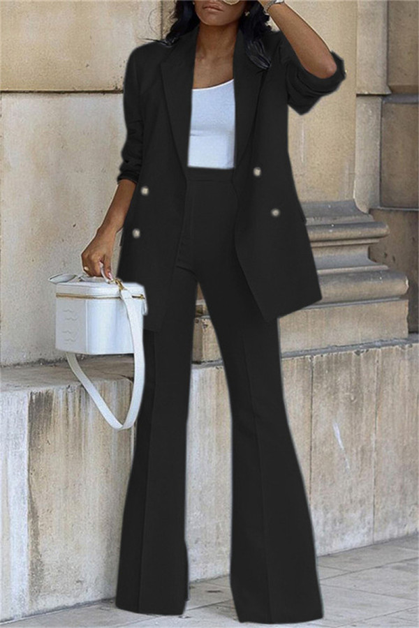 Black Casual Solid Cardigan Pants Turn-back Collar Long Sleeve Two Pieces