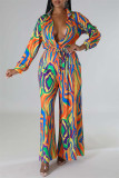 Rose Red Casual Print Patchwork V Neck Regular Jumpsuits