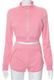 Pink Casual Solid Patchwork Zipper Collar Long Sleeve Two Pieces