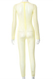 Yellow Sexy Solid Hollowed Out See-through V Neck Skinny Jumpsuits