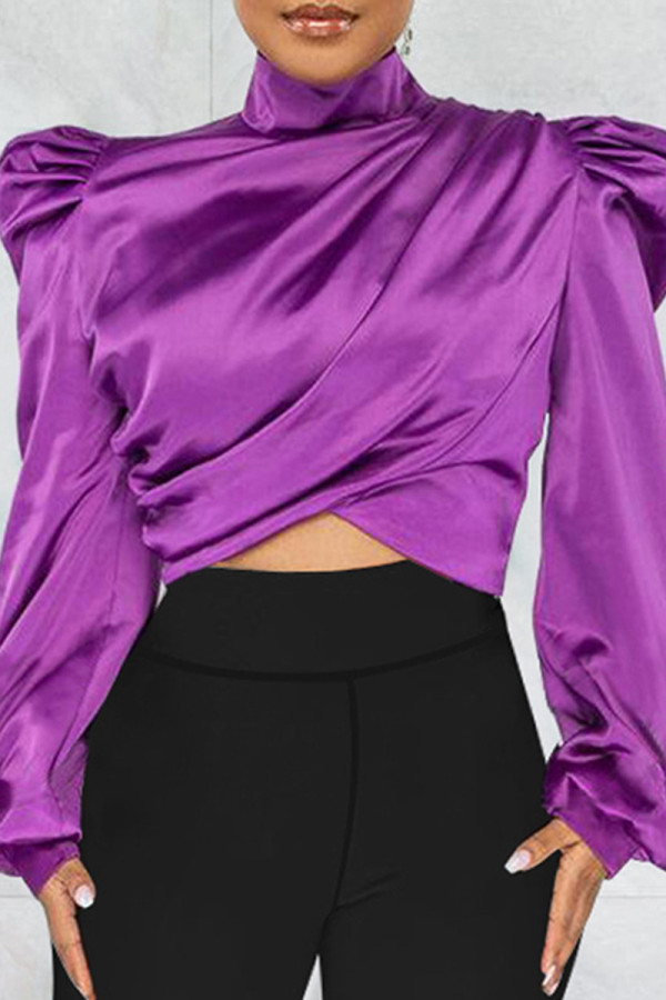 Purple Casual Solid Patchwork Turtleneck Tops