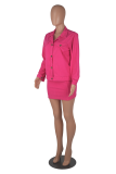 Rose Red Casual Solid Buttons Turndown Collar Long Sleeve Two Pieces