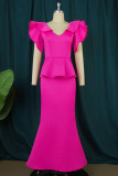 Rose Red Sexy Formal Solid Patchwork V Neck Evening Dress Dresses