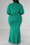 Light Green Casual Solid Patchwork V Neck Long Sleeve Plus Size Dresses
