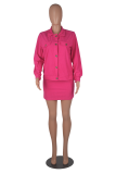 Rose Red Casual Solid Buttons Turndown Collar Long Sleeve Two Pieces