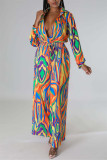 Rose Red Casual Print Patchwork V Neck Regular Jumpsuits