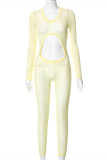 Yellow Sexy Solid Hollowed Out See-through V Neck Skinny Jumpsuits