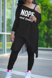 Deep Blue Casual Letter Print Patchwork Asymmetrical O Neck Long Sleeve Two Pieces